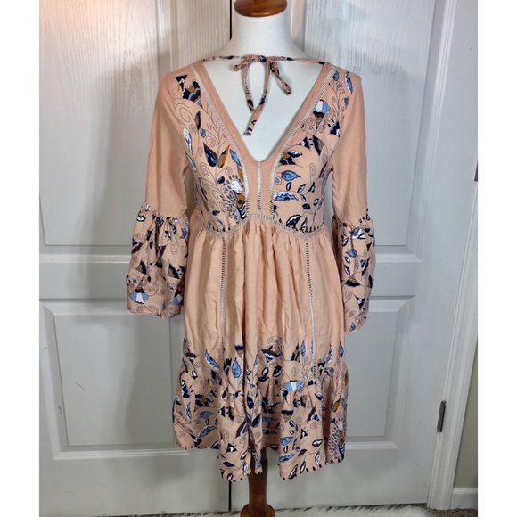 Jaase Dresses & Skirts - Jaase Peach Floral Bell Sleeve V-Neck Flowy Dress